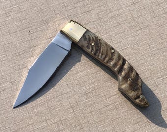 Handmade J2 Stainless Steel Folding Knife: Ram Horn Handle, Leather Sheath