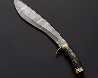 Handmade Damascus Steel Kukri Knife Color Wood Handle Leather Sheath