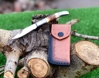 Handmade stainless steel folding knife with sheath natural handle material