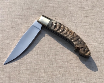 Handmade J2 Stainless Steel Folding Knife: Ram Horn Handle, Leather Sheath