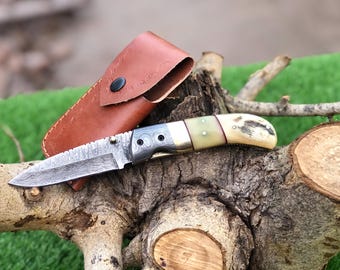 Handmade Damascus Steel Liner lock Folding Knife with Leather Sheath