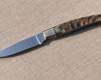 Handmade J2 Stainless Steel Folding Knife: Ram Horn Handle, Leather Sheath