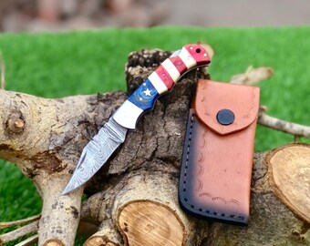 Handmade Damascus Steel Folding Knife US Flag Handle Back Lock