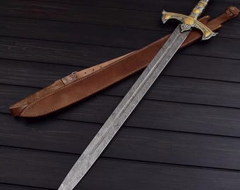 Handmade Damascus Steel Sword with Leather Sheath - Free Engraving