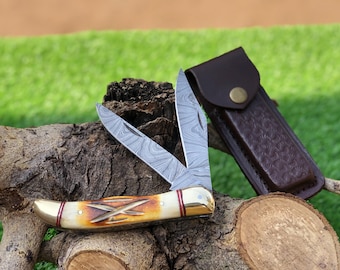 Double blade folding knife handmade damascus steel Folding natural Handle material