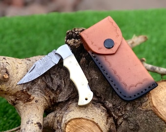 Handmade Damascus Steel Folding Knife natural Handle Leather Sheath