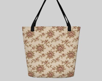 Bolso tote grande color rosa empolvado / Bolso de hombro floral con bolsillo / Bolso resistente de 16x20