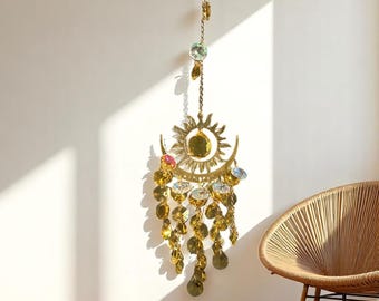 Ornamentset tuinverlichting | Vlam| Maan en zon kristallen zonnevanger| Hangdecor windgong voor buiten | Home