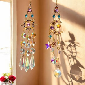Sun | Moon Crystal Suncatcher | Handmade Boho Window Decor | Rainbow Maker | Hanging Gemstone Art, Unique Home | Gift Idea