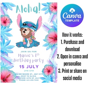 Lilo And Stitch Party Invitation Template - Editable Cartoon Birthday Invite - Canva Design - Instant Download