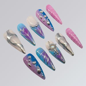 Chrome Metallic Gradient Press on Nails, 3D Cat Eye Stiletto Fake Nails, Handmade Reusable Acrylic Fake Nails, Trendy Long Nail Set