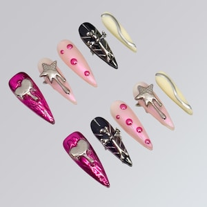 Black Pink Nails,Y2K Nails,Gothic Nails,Dripping Star Nails,3d heart nails,Press on Nails,Gift set,Fake Nails,Trendy Nails,Handmade Nails