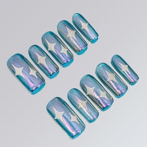 Blue Chrome Press on Nails,Glossy Star Nails,Handmade Nails,Daily and Holiday Nails,Fake Nails,Nails Art,Shiny Nails,Y2K Nails,Galaxy Nails