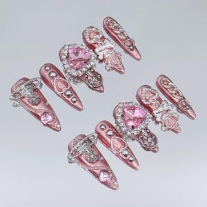 3D Pink Heart Press on Nails with Rhinestones Chains and Bows,3D Nails,Pink Nails,Heart Nails,Luxury Nails,Bling Nails,Glam Rock Nails,Nails