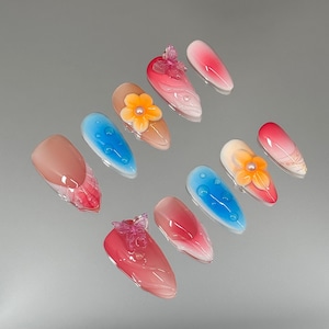 Pink Butterflies & Flowers Press on Nails,Colorful 3D Nails,Cute Flower Nail,Summer Nails,Kawaii Nails,Gift for Her,Fake Nails,Floral Nails