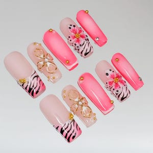 Pink Zebra Press on Nails,3D Flower Nails,Neon Pink Nails,Luxury Nails,Fake Nails,Summer Nails,Handmade Nails,Tropical Floral Nails,Nails