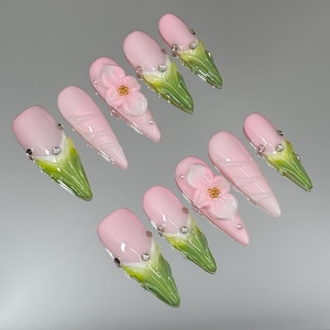 Pink & Green Floral Press on Nails,3D Flower Nails,Cute Ombre Nails,Spring Nails,Gift for Her,Fake Nails,Party Nails,Kawaii Nails,Nails Art