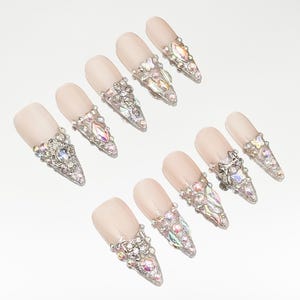 Luxury Rhinestone Press on Nails,Bling Fake Nails,3D Nails,Nude Silver Nail,Summer Nails,Wedding Nails,Handmade Nails,Gift for Her,Nails
