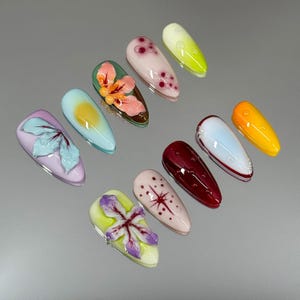 Tropical Floral Press on Nails,3D Flower Nails,Colorful Tropical Nails,Summer Nails,Cute Flower Nails,Gift for Her,Fake Nails,Handmade Nails