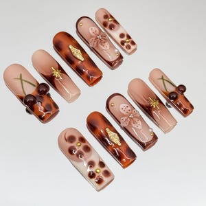 Brown Leopard Press on Nails with 3D Flower&Cherry Designs, Gold Elegant Luxury Handmade Wedding Summer Nails Set, Gift for her,Sqaure Nails