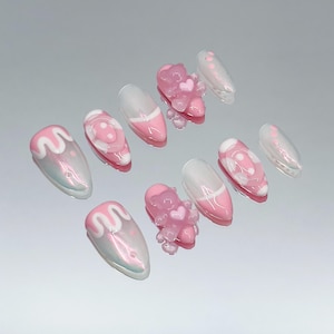 3D Bear Nails,3D Candy Nails,Cute Press on Nails,Cute Almond Nails,Pink and White Nails,Gift for Her,Fake Nails,Trendy Nails,Handmade Nails