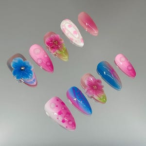 Colorful 3D Floral Press on Nails,Pink and Blue Flower Nails,Summer Nails,Handmade Pastel Nail,Gift for Her,Fake Nails,3D Nails,Y2K Nails