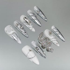 Silver Enigmatic Patterns Nails,Y2K Nails,Press on Nails,Spring Nails,Summer Nails,Almond Nails,Gift for Her,Fake Nails,Handmade Nails,Nails