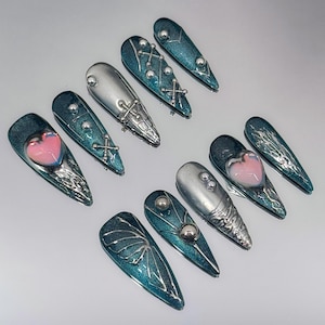 Dark Green Chrome Silver Press on Nails,Y2K Nail,3D Silver Nails,Pink Nails,Spring Nails,Gift for Her,Fake Nails,Punk Nails,Nails,Gift Nails