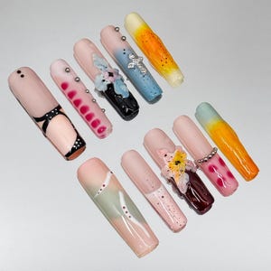 Tropical Floral Long Square Press on Nails,3D Nails,Flower Nails,Cute Nails,Spring Nails,Gift for Her,Handmade Nails,Kawaii Nails,Nails,gift