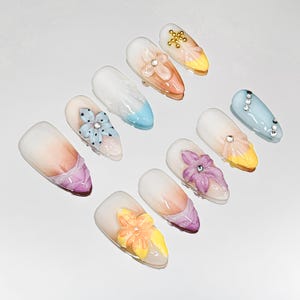 3D Floral Press on Nails,Summer Nails,Cute Nails,Hawaiian Flowers Nails,Floral Nails,Wedding Nails,Sweet Nails,Fake Nails,Handmade Nails