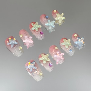Cute Jelly Starfish Press on Nails,Cute Nails,Colorful Nails,Summer Nails,Beach Nails,Kawaii Nails,Gift for Her,Fake Nails,Handmade Nails