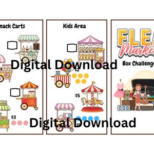 May include: Digital download featuring illustrations of a snack cart, kids' area, and a flea market scene. The snack cart includes a donut stand, popcorn cart, and ice cream cart. The kids' area has a carousel and a balloon cart. The flea market scene has a box challenge.
