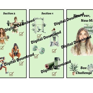 May include: A digital download graphic with three sections. Section 1 shows gym equipment and a woman on a treadmill. Section 2 shows women lifting weights. The third section has a woman's portrait and the text "New Me".