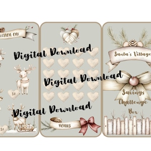May include: A digital download Christmas-themed savings challenge box. The design features reindeer, hearts, and banners with text like "Section One" and "Santa's Village." The overall color scheme is soft, with muted tones and watercolor-style illustrations.