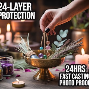 May include: A brass pedestal bowl filled with dried herbs and a bundle of sage. A hand holds a string of colorful gemstone beads. The image includes text that reads "24-LAYER PROTECTION" and "24HRS FAST CASTING PHOTO PROOF".