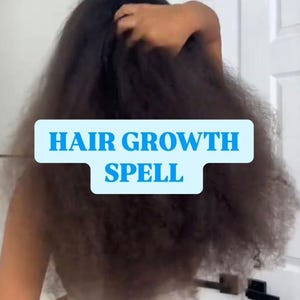 May include: A person with long, dark brown hair, wearing a white crop top and gray pants. The text "HAIR GROWTH SPELL" is superimposed on the image.