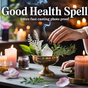 May include: A brass bowl holds a clear crystal, greenery, and white flowers, with lit candles and the text "Good Health Spell". Smoke rises from the bowl, suggesting a ritual. The scene evokes a sense of mysticism and well-being.