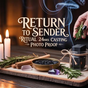 May include: A wooden tray with candles, herbs, crystals, and a small bowl of black stones. The text "RETURN TO SENDER" is displayed above the other items. A hand holds a sprig of rosemary.
