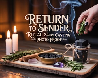 May include: A wooden tray with candles, herbs, crystals, and a small bowl of black stones. The text "RETURN TO SENDER" is displayed above the other items. A hand holds a sprig of rosemary.