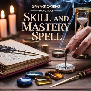 May include: An image featuring a spell casting theme with the text "SKILL AND MASTERY SPELL". The scene includes a book with a quill, candles, a compass, gemstones, and an hourglass. The color palette is warm, with gold and brown tones.