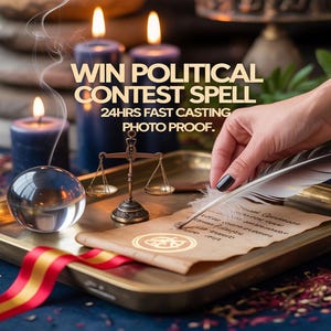 Op de afbeelding: Een mystieke scène met kaarsen, een kristallen bol en een kleine weegschaal op een gouden dienblad. De tekst luidt "WIN POLITICAL CONTEST SPELL" en "24HRS FAST CASTING PHOTO PROOF." Een hand houdt een veer boven een perkament.