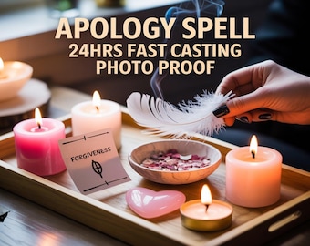 May include: A wooden tray with lit candles, a pink heart, and a bowl of petals. A white feather is held near the candles, with the text "APOLOGY SPELL" and "24HRS FAST CASTING PHOTO PROOF" visible.