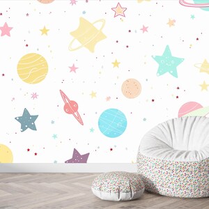 Carta da parati carina con spazio I Carta da parati con pianeta staccabile e attaccabile per la cameretta dei bambini I Decorazione per la cameretta dei bambini con stelle e pianeti I Decorazione con stelle galattiche