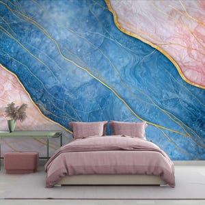 Carta da parati murale in marmo di lusso, arte murale in pietra di agata blu e rosa, design astratto con venature dorate, carta da parati glamour Pell and Stick