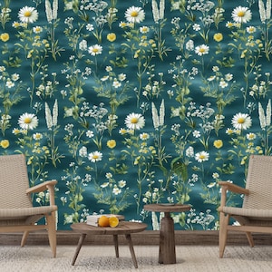 Carta da parati floreale vintage I murale botanico verde scuro con margherite e fiori di campo