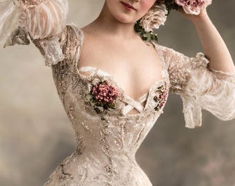 Ritratto a colori di Lottie Mannon, opera d'arte da parete in stile edoardiano con rose, download digitale vintage.