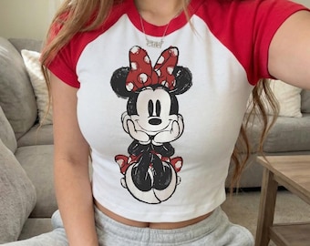 Vintage Minnie Baby Tee, Retro Cartoon Crop Top, Red Raglan Baby Tee, Cute Mouse Graphic Y2K Baby Tee