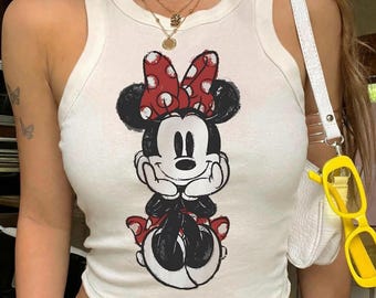 Cute Cartoon Mouse Tank Top, Bow Graphic Racer Tank, Women Fitted Rib Tank, Aesthetic Y2K Top, Summer Outfit Top