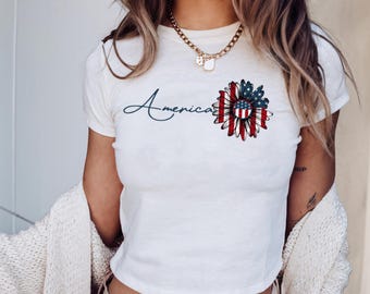 America Patriotic Baby Tee, USA Flag Flower Tank Top, Fourth of July Crop Top, American Pride Shirt, Women's Patriotic Summer Top