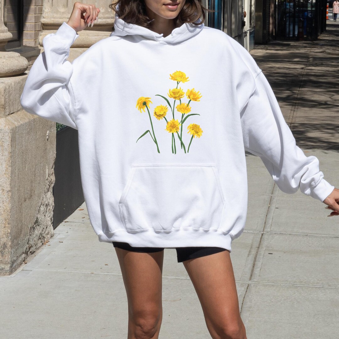 Yellow Floral Hoodie, Aesthetic Flower Sweatshirt, Cozy Botanical ...